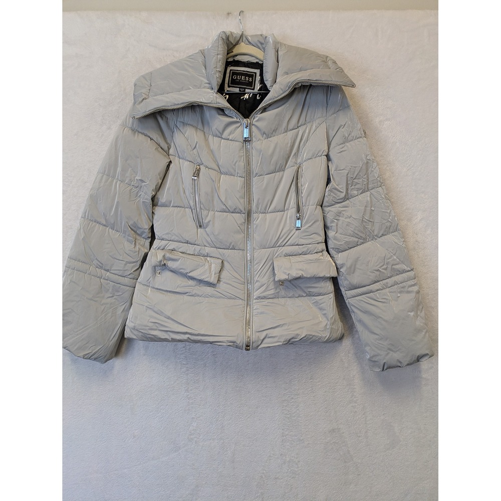 Guess Puffer‎ Jacket Women Gray Full Zip Collar Neck Winter Warm Size S
